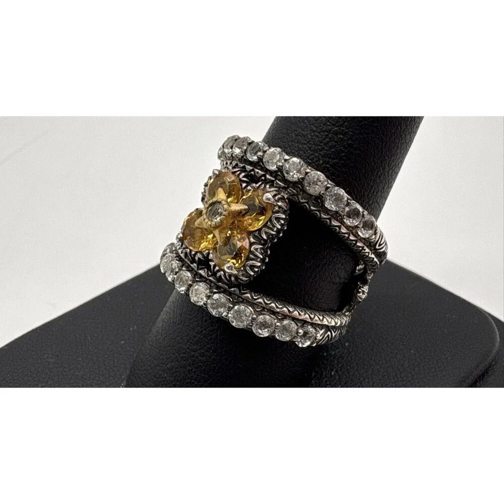 Barbara Bixby 925 Sterling Silver 18K Gold Citrine Flower Split Shank Ring Sz 7